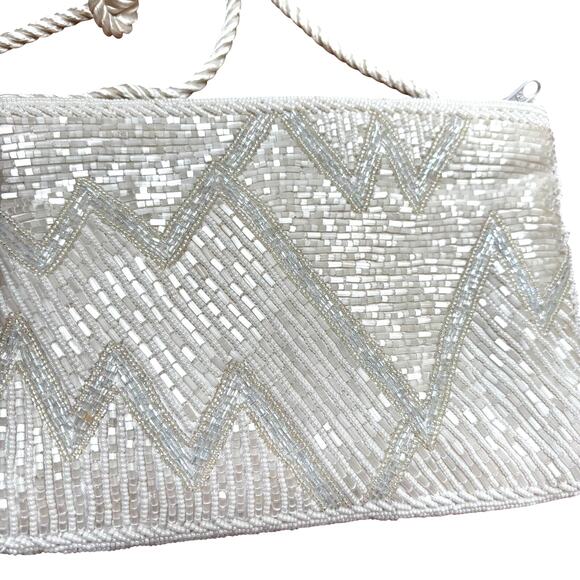 Vintage 1980s white beaded evening bag shoulder bag purse zip top patterned chic - Picture 2 of 10
